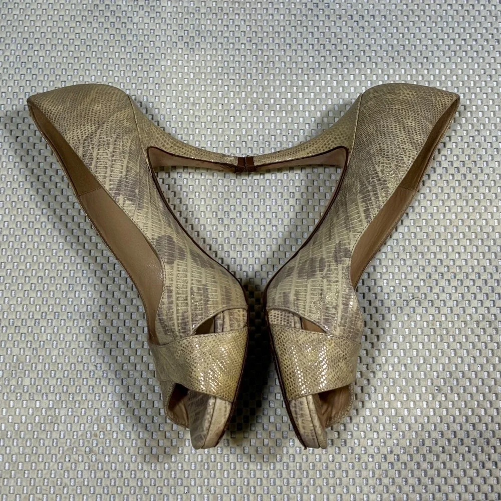 Kate Spade New York Billie Peep Toe Heels Gold Snakeskin‎ Leather Pumps Size 7
